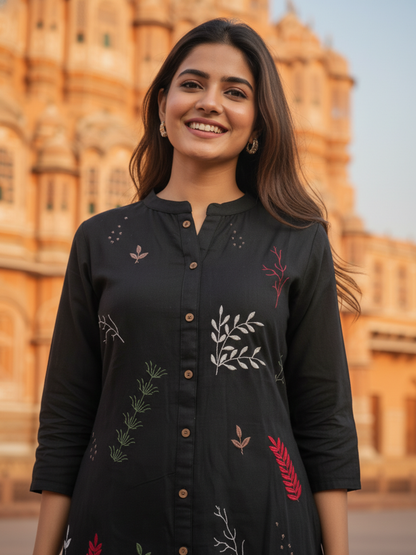 Solid Floral Embroidered A-Line Kurta with Palazzo - Black