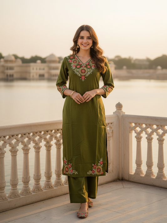 Solid Thread Embroidered Straight Kurta with Palazzo - Green