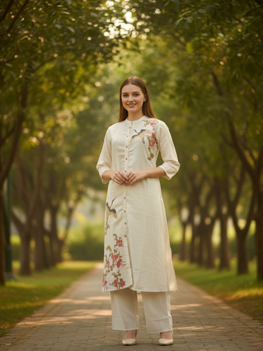 Solid Placement Embroidered A-Line Kurta with Pyjama - Off White