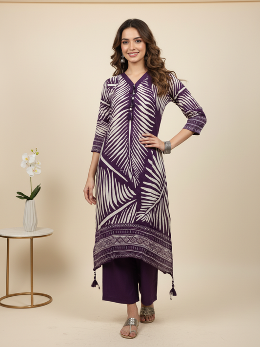 Abstract Printed Asymmetric Kurta with Pyjama - Purple