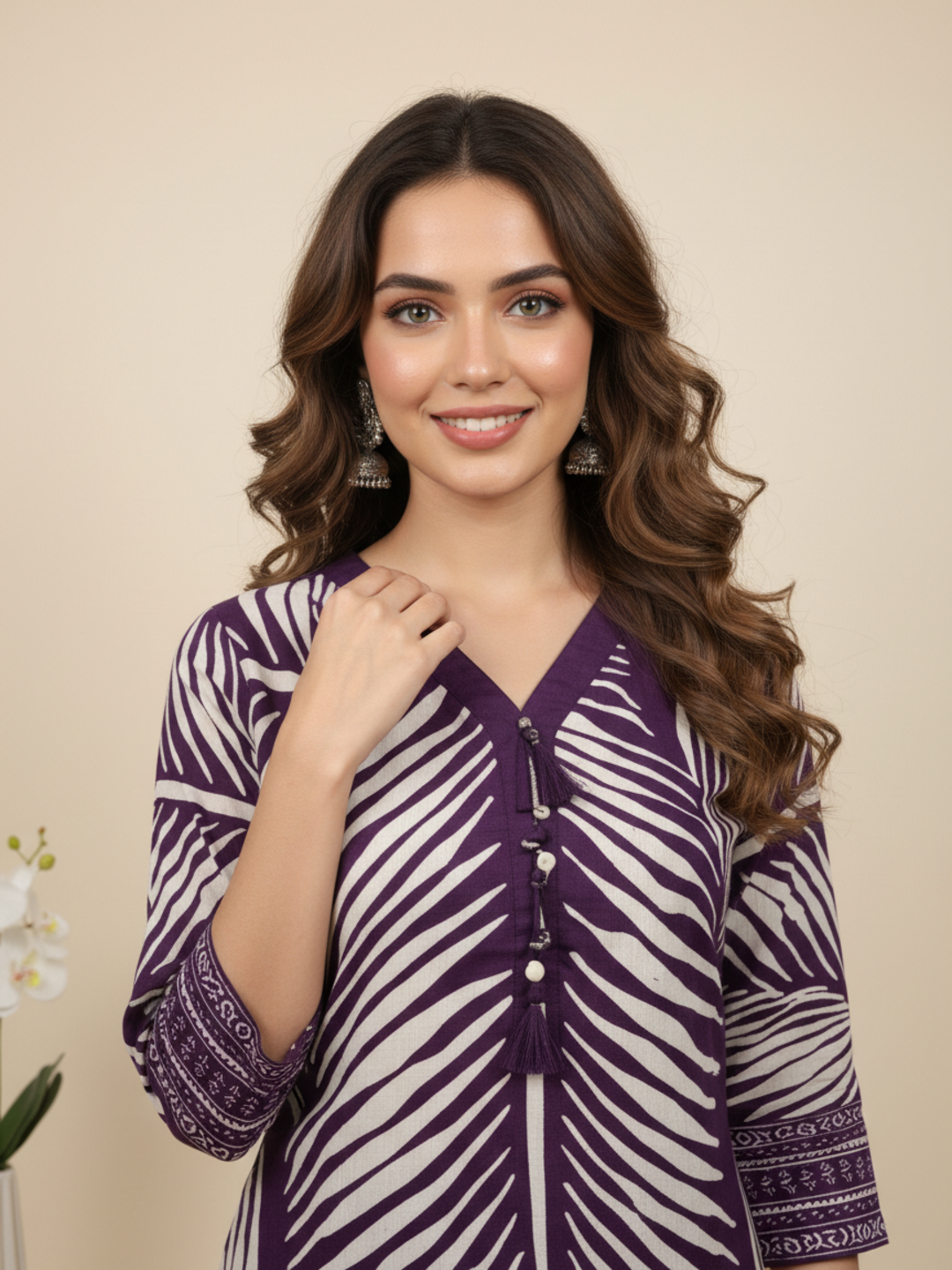 Abstract Printed Asymmetric Kurta with Pyjama - Purple