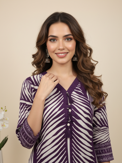 Abstract Printed Asymmetric Kurta with Pyjama - Purple