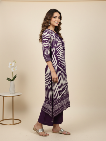Abstract Printed Asymmetric Kurta with Pyjama - Purple
