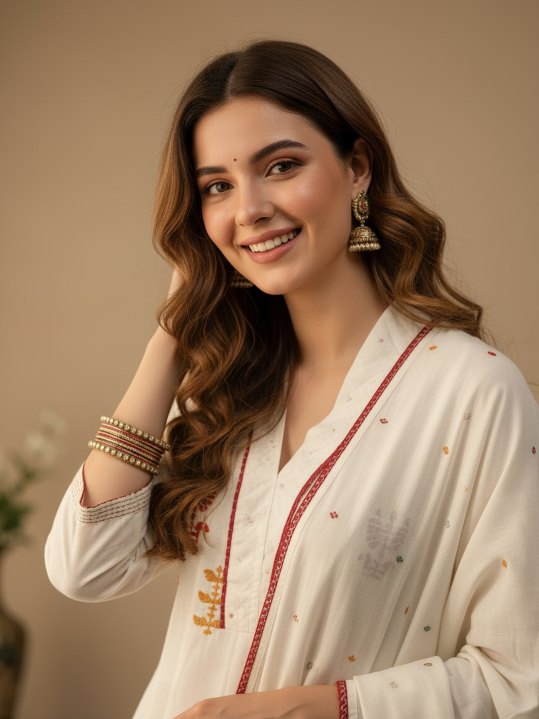 Solid Sequin & Embroidered Anarkali Kurta with Pyjama & Dupatta - White