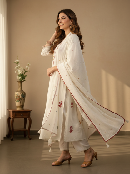 Solid Sequin & Embroidered Anarkali Kurta with Pyjama & Dupatta - White