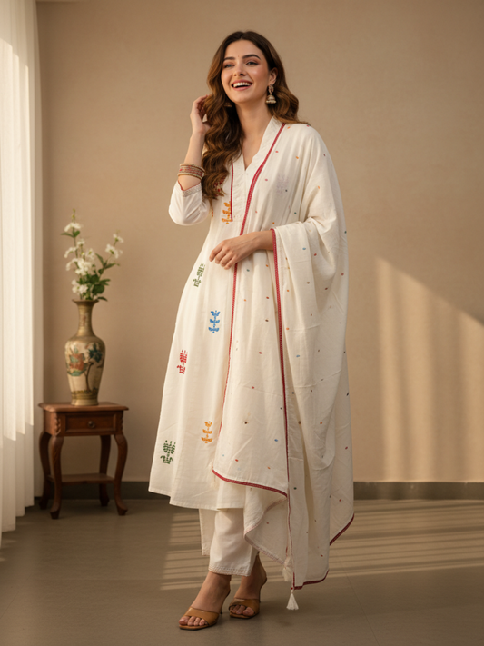 Solid Sequin & Embroidered Anarkali Kurta with Pyjama & Dupatta - White