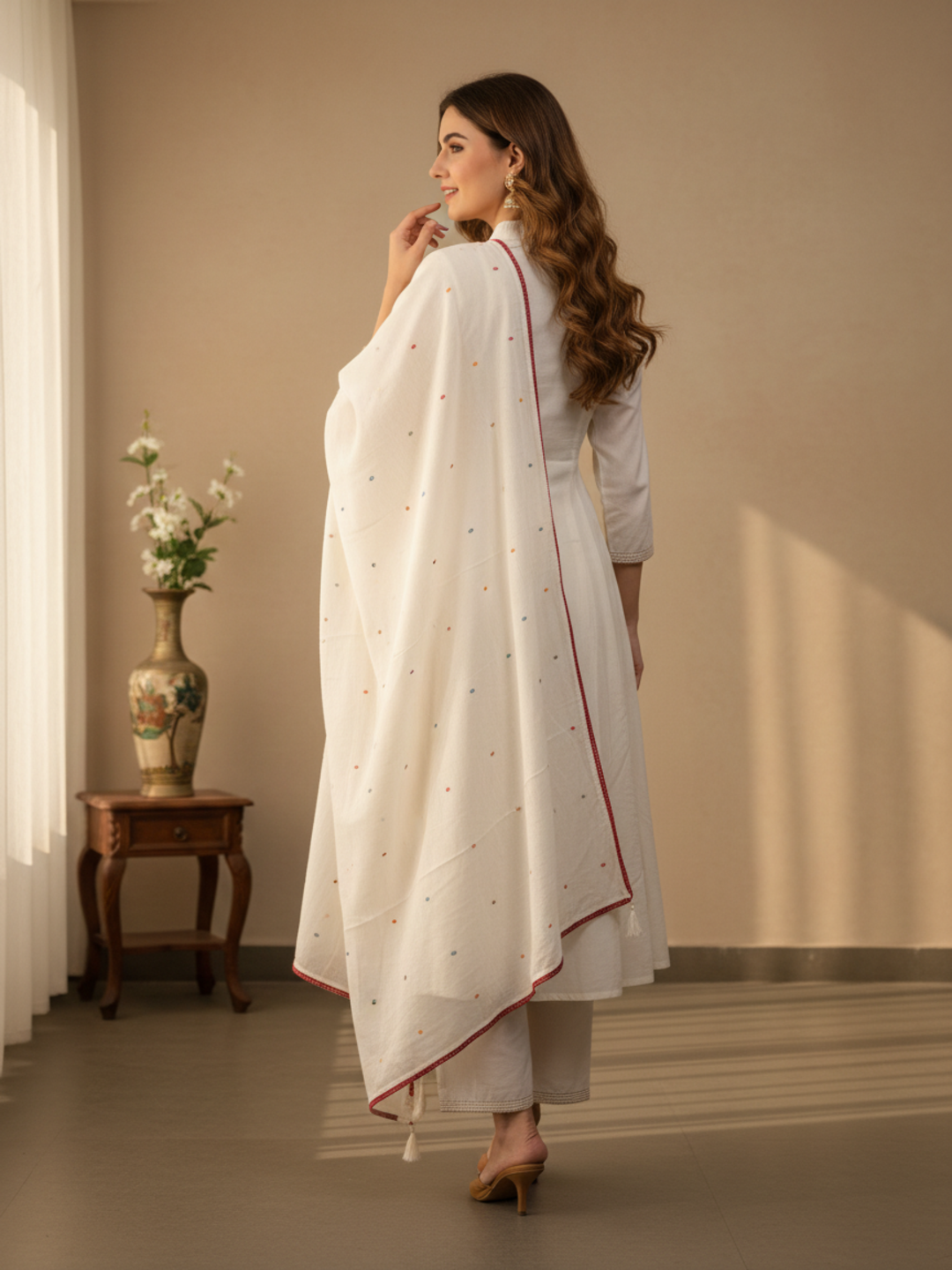 Solid Sequin & Embroidered Anarkali Kurta with Pyjama & Dupatta - White
