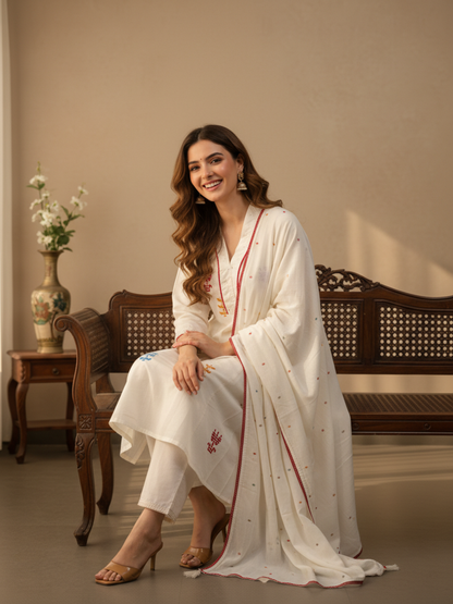 Solid Sequin & Embroidered Anarkali Kurta with Pyjama & Dupatta - White