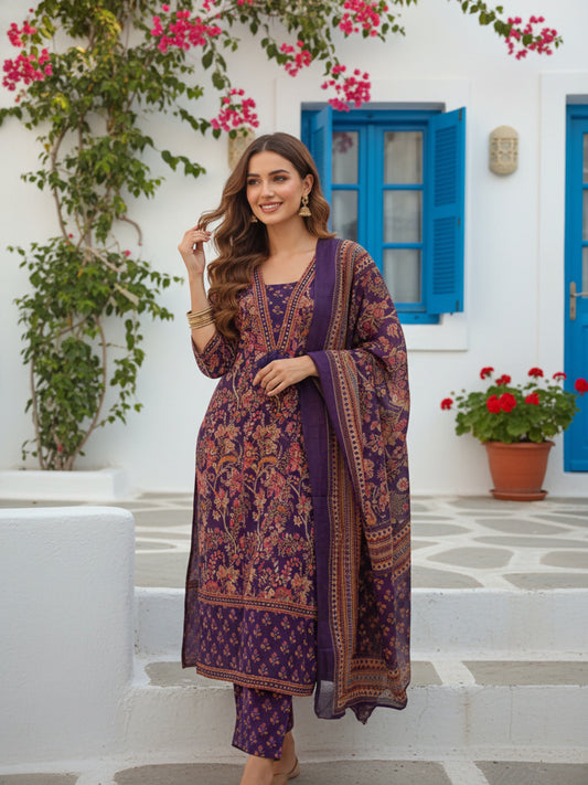 Paisley Printed Embroidered & Sequin Angrakha Kurta with Pyjama & Dupatta - Purple