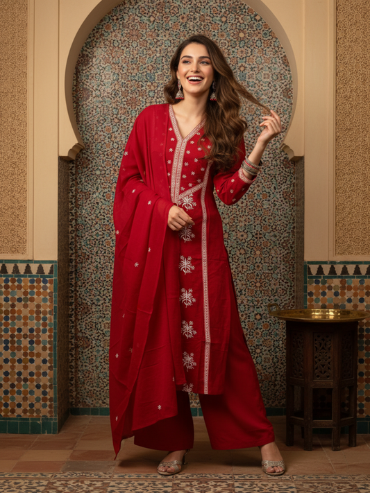 Solid Embroidered A-Line Kurta with Palazzo & Dupatta - Maroon
