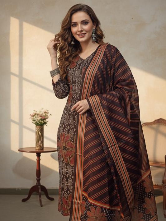 Bandhani Printed Mirror Work & Embroidered A-Line Kurta with Pyjama & Dupatta - Dark brown