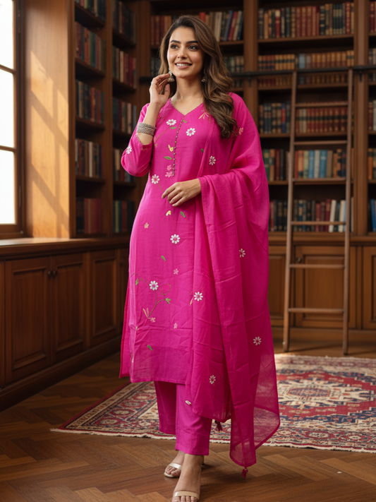 Solid Pearl Embroidered Straight Kurta with Pyjama & Dupatta - Magenta