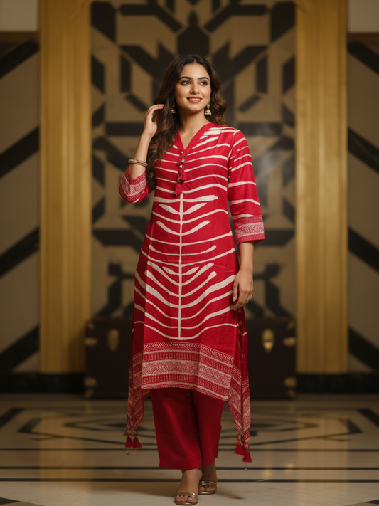 Abstract Ethnic Printed Straight Kurta with Pants - Red