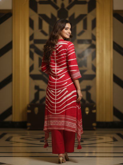 Abstract Ethnic Printed Straight Kurta with Pants - Red