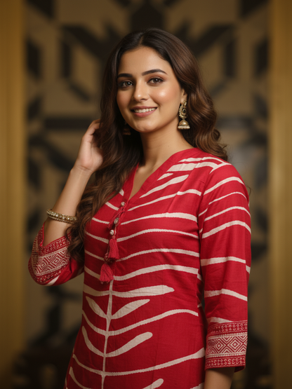 Abstract Ethnic Printed Straight Kurta with Pants - Red