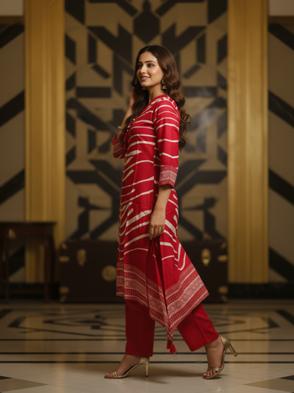 Abstract Ethnic Printed Straight Kurta with Pants - Red