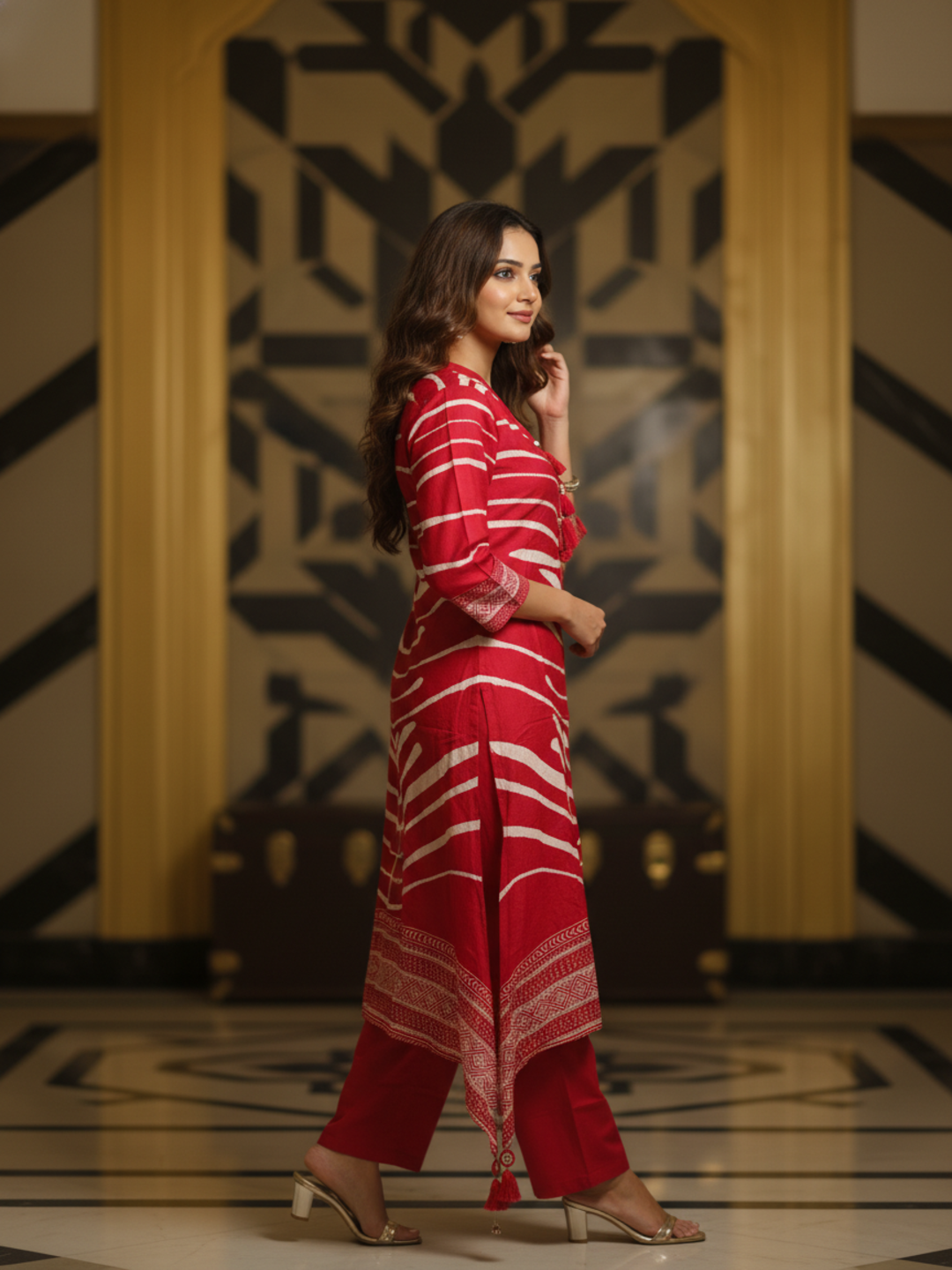 Abstract Ethnic Printed Straight Kurta with Pants - Red