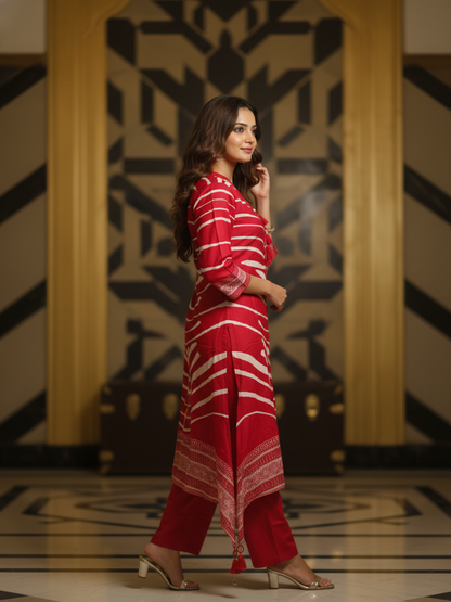 Abstract Ethnic Printed Straight Kurta with Pants - Red