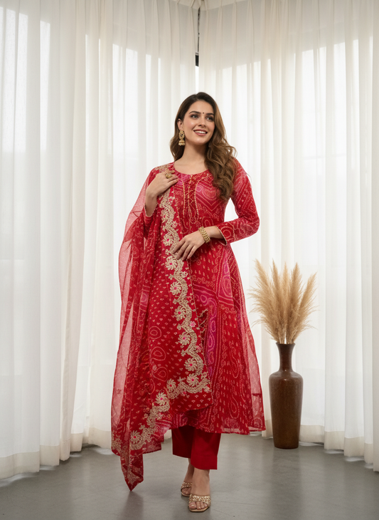 Bandhani Printed Zari & Sequin Embroidered Anarkali Kurta with Churidar & Dupatta - Red