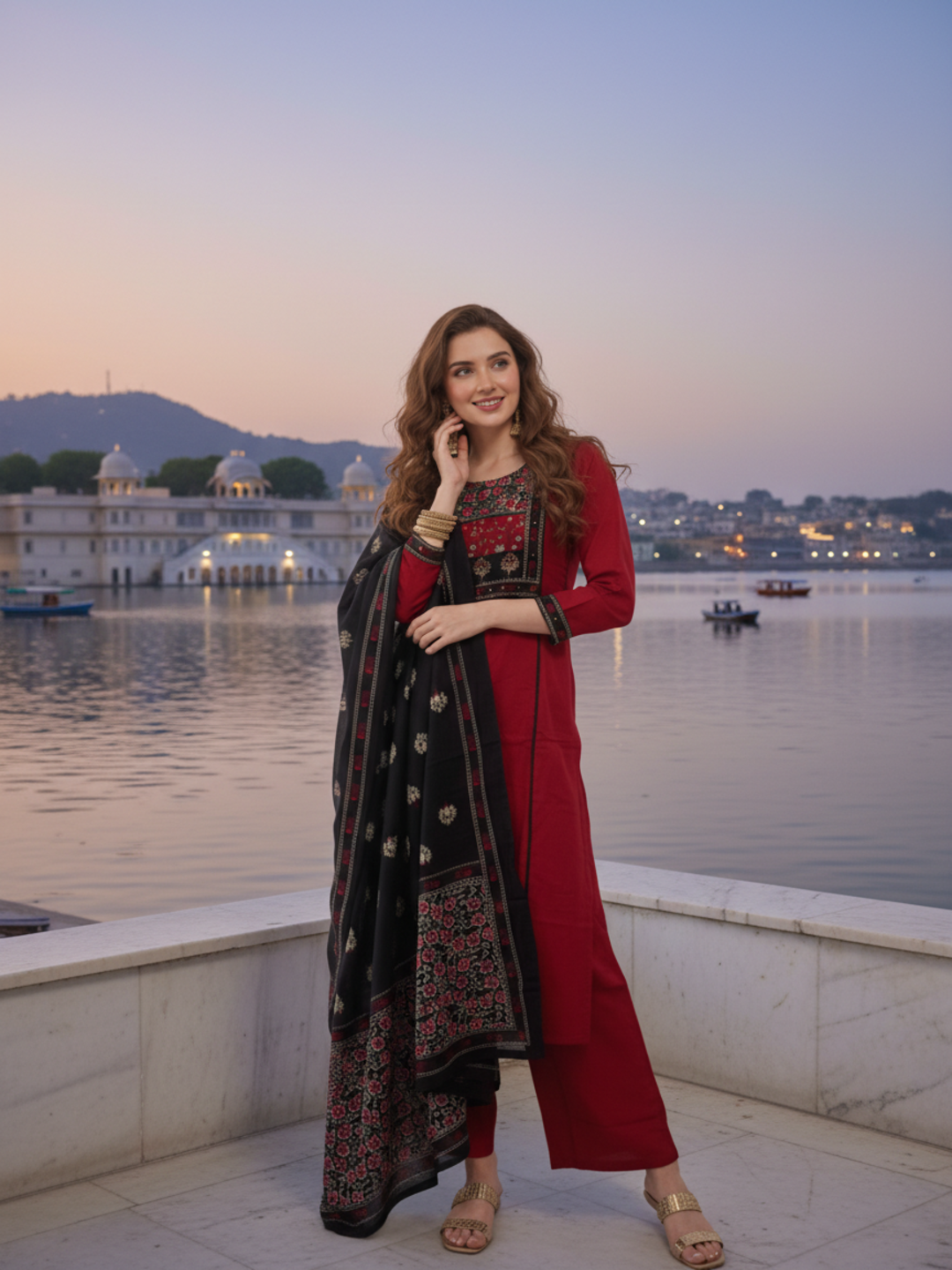 Solid Sequin Embellished A-Line Kurta with Pyjama & Dupatta - Maroon