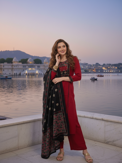 Solid Sequin Embellished A-Line Kurta with Pyjama & Dupatta - Maroon