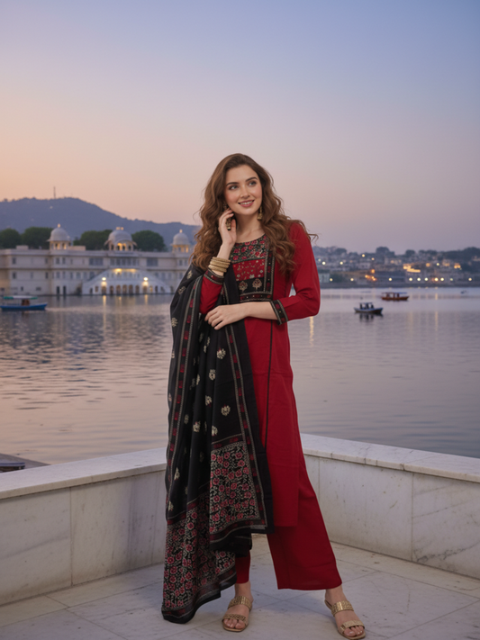 Solid Sequin Embellished A-Line Kurta with Pyjama & Dupatta - Maroon