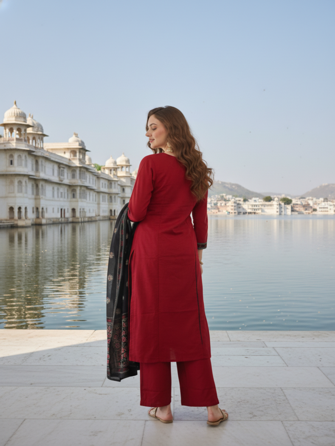 Solid Sequin Embellished A-Line Kurta with Pyjama & Dupatta - Maroon