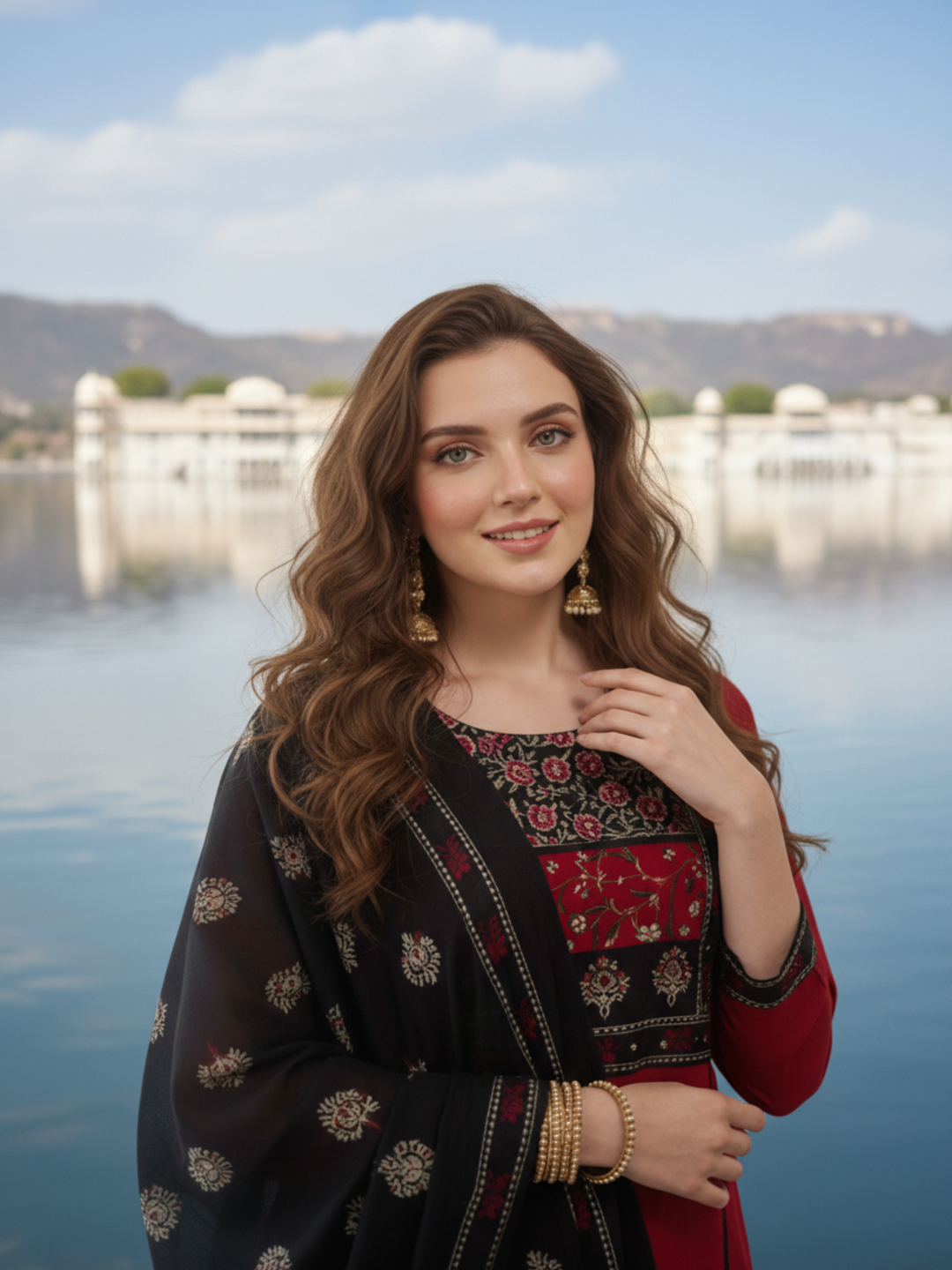 Solid Sequin Embellished A-Line Kurta with Pyjama & Dupatta - Maroon