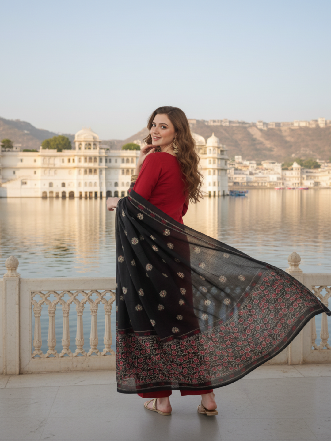 Solid Sequin Embellished A-Line Kurta with Pyjama & Dupatta - Maroon
