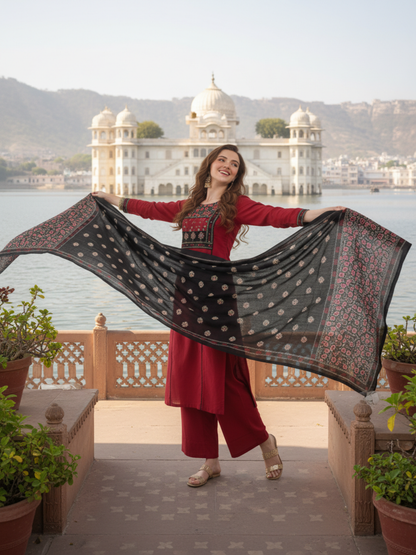 Solid Sequin Embellished A-Line Kurta with Pyjama & Dupatta - Maroon