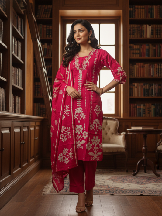 Floral & Ethnic Printed Embroidered Straight Kurta with Pyjama & Dupatta - Magenta