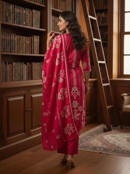 Floral & Ethnic Printed Embroidered Straight Kurta with Pyjama & Dupatta - Magenta