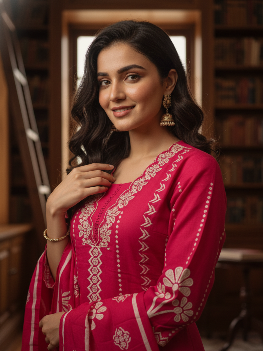 Floral & Ethnic Printed Embroidered Straight Kurta with Pyjama & Dupatta - Magenta