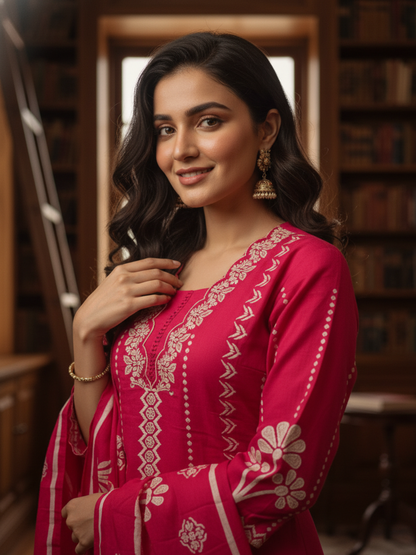 Floral & Ethnic Printed Embroidered Straight Kurta with Pyjama & Dupatta - Magenta