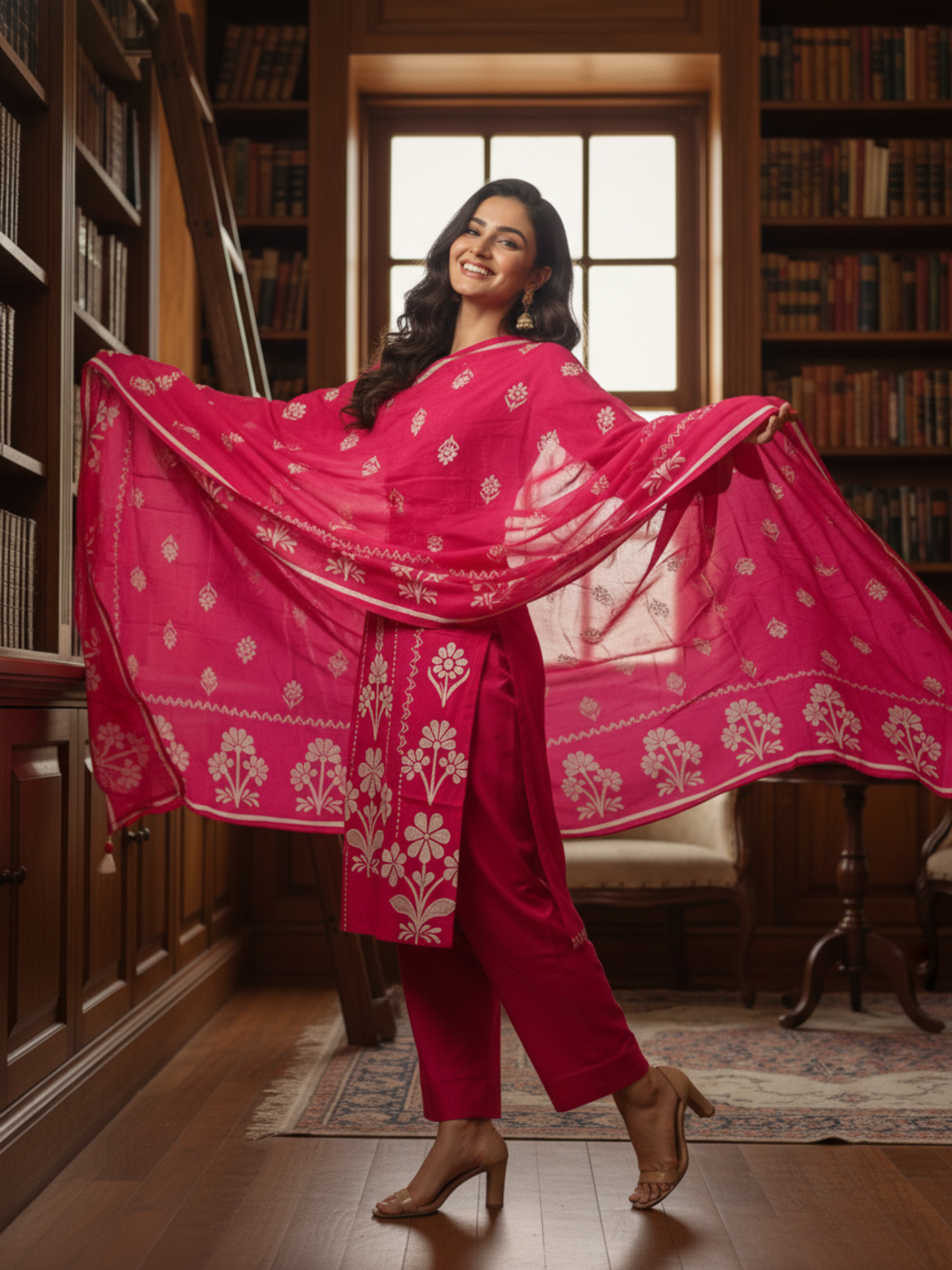Floral & Ethnic Printed Embroidered Straight Kurta with Pyjama & Dupatta - Magenta