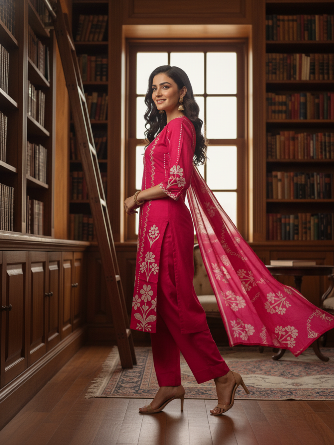 Floral & Ethnic Printed Embroidered Straight Kurta with Pyjama & Dupatta - Magenta