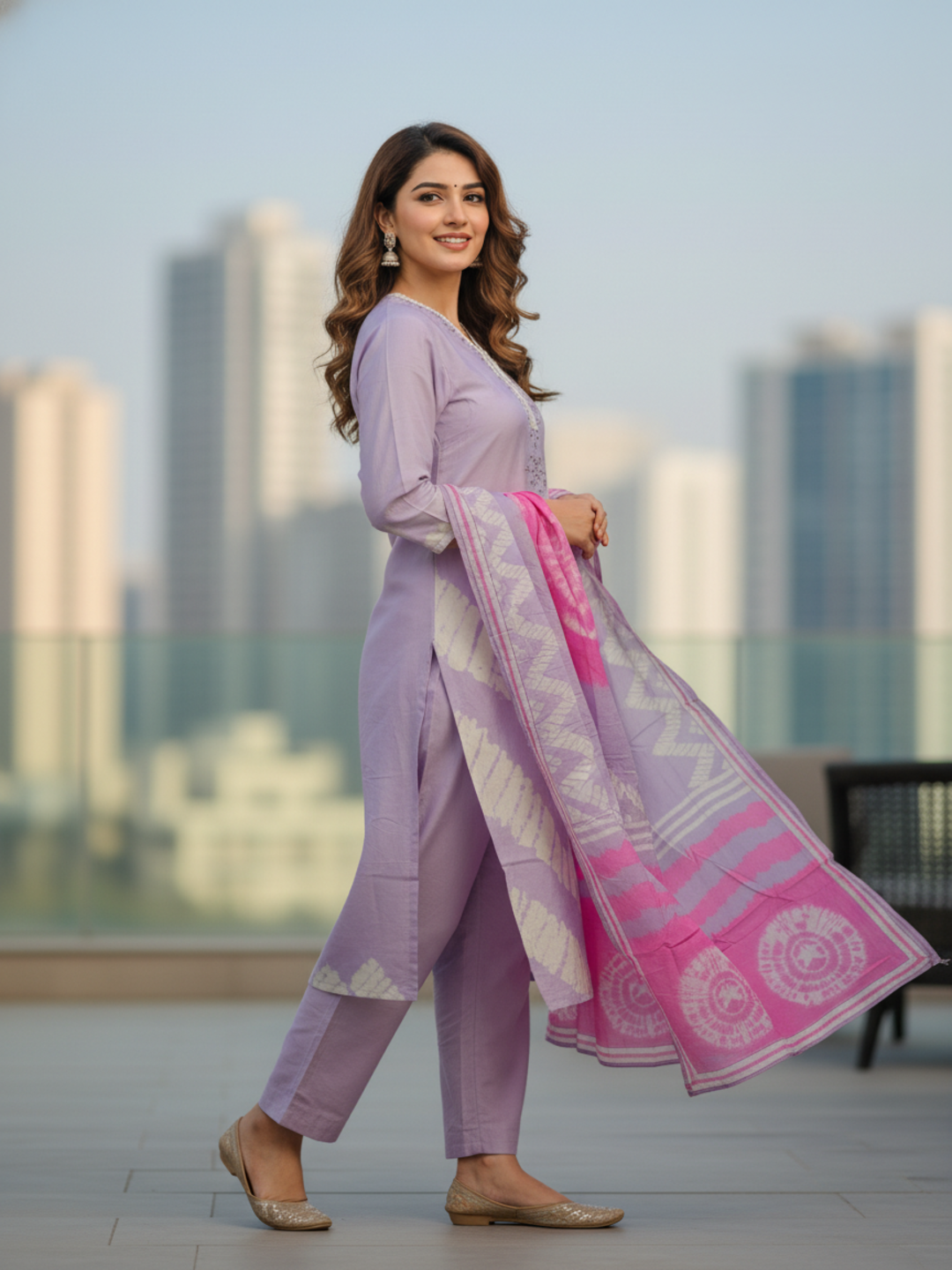 Lehariya Printed Mirror Work & Embroidered Straight Kurta with Pant & Dupatta - Lavender