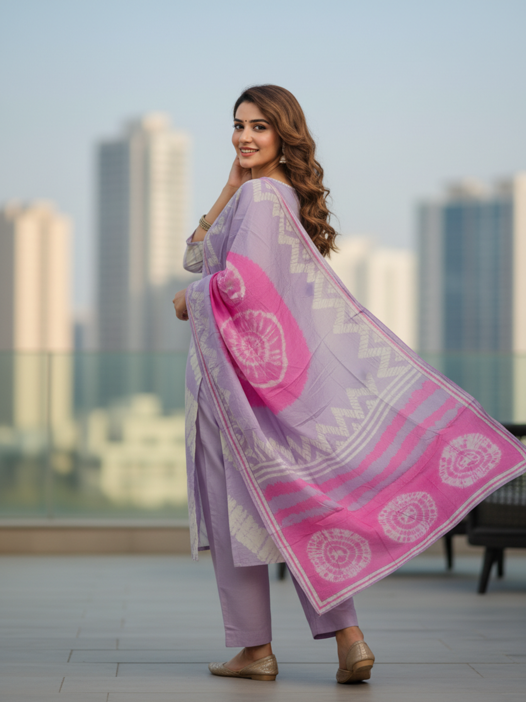 Lehariya Printed Mirror Work & Embroidered Straight Kurta with Pant & Dupatta - Lavender