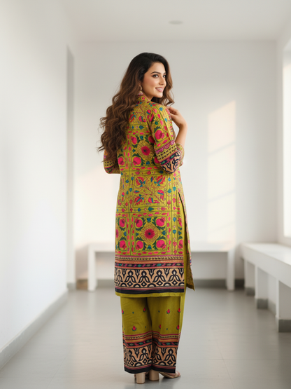 Ethnic Printed Sherwani-Inspired Layered Kurta with Palazzo - Olive