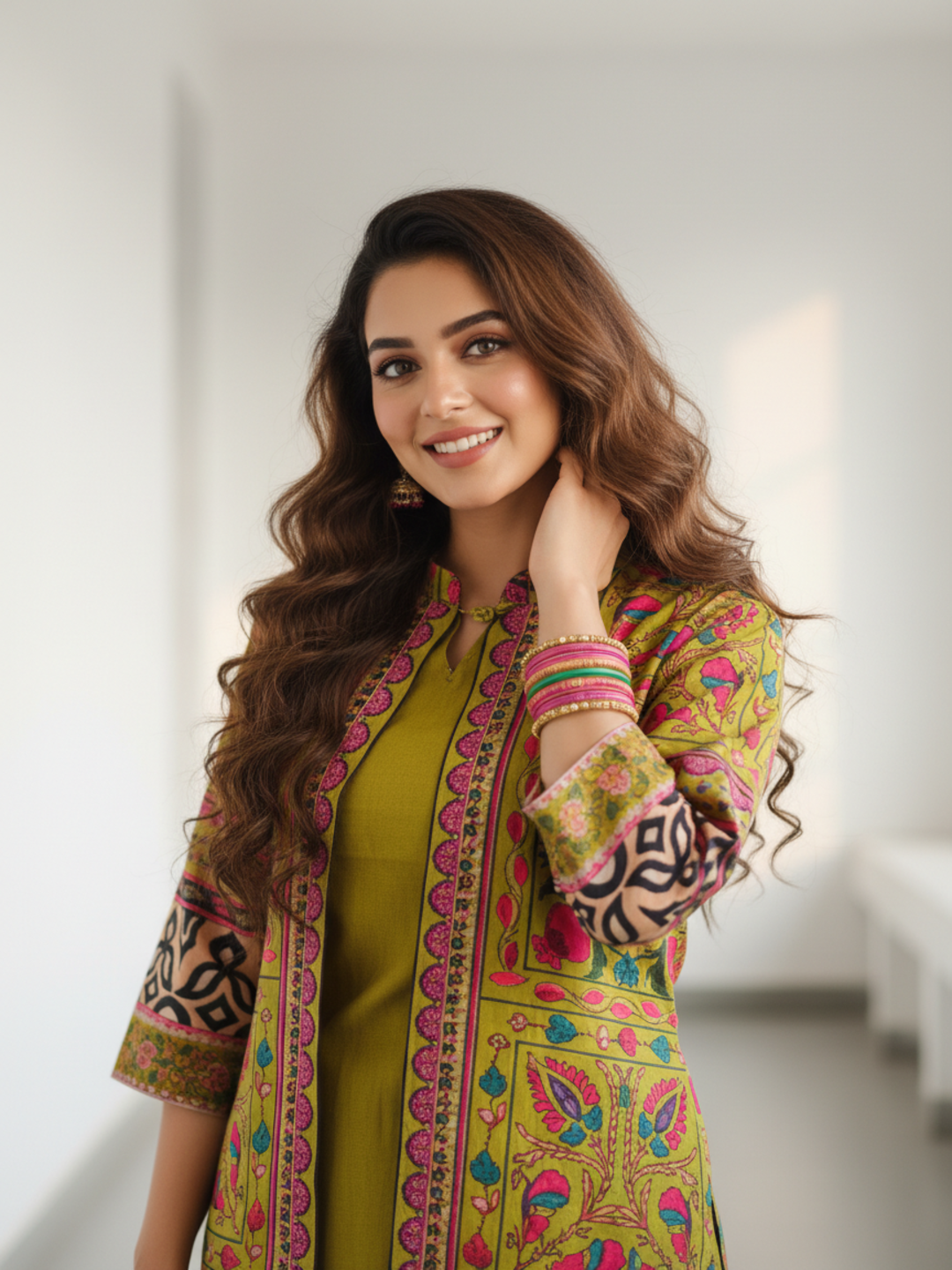 Ethnic Printed Sherwani-Inspired Layered Kurta with Palazzo - Olive