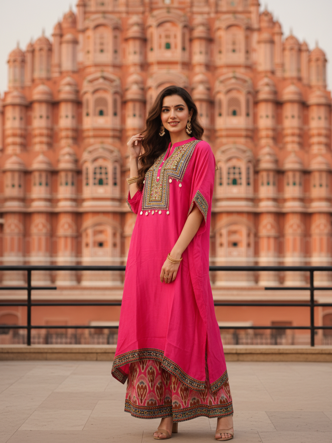Embroidered Yoke Straight Kurta with Printed Palazzo - Rani Pink