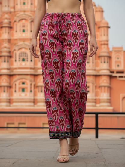 Embroidered Yoke Straight Kurta with Printed Palazzo - Rani Pink