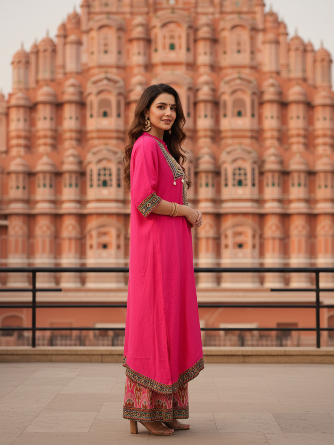 Embroidered Yoke Straight Kurta with Printed Palazzo - Rani Pink