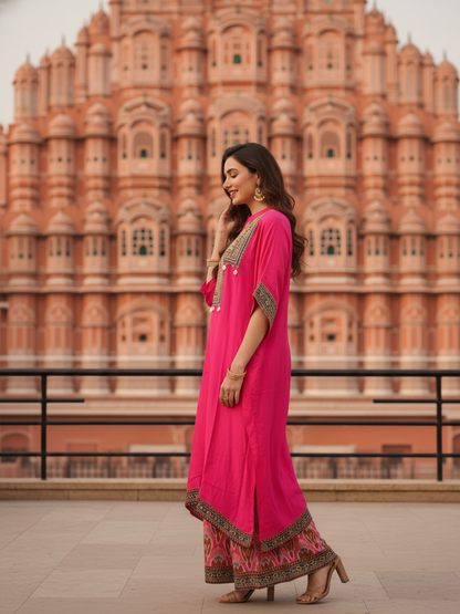 Embroidered Yoke Straight Kurta with Printed Palazzo - Rani Pink