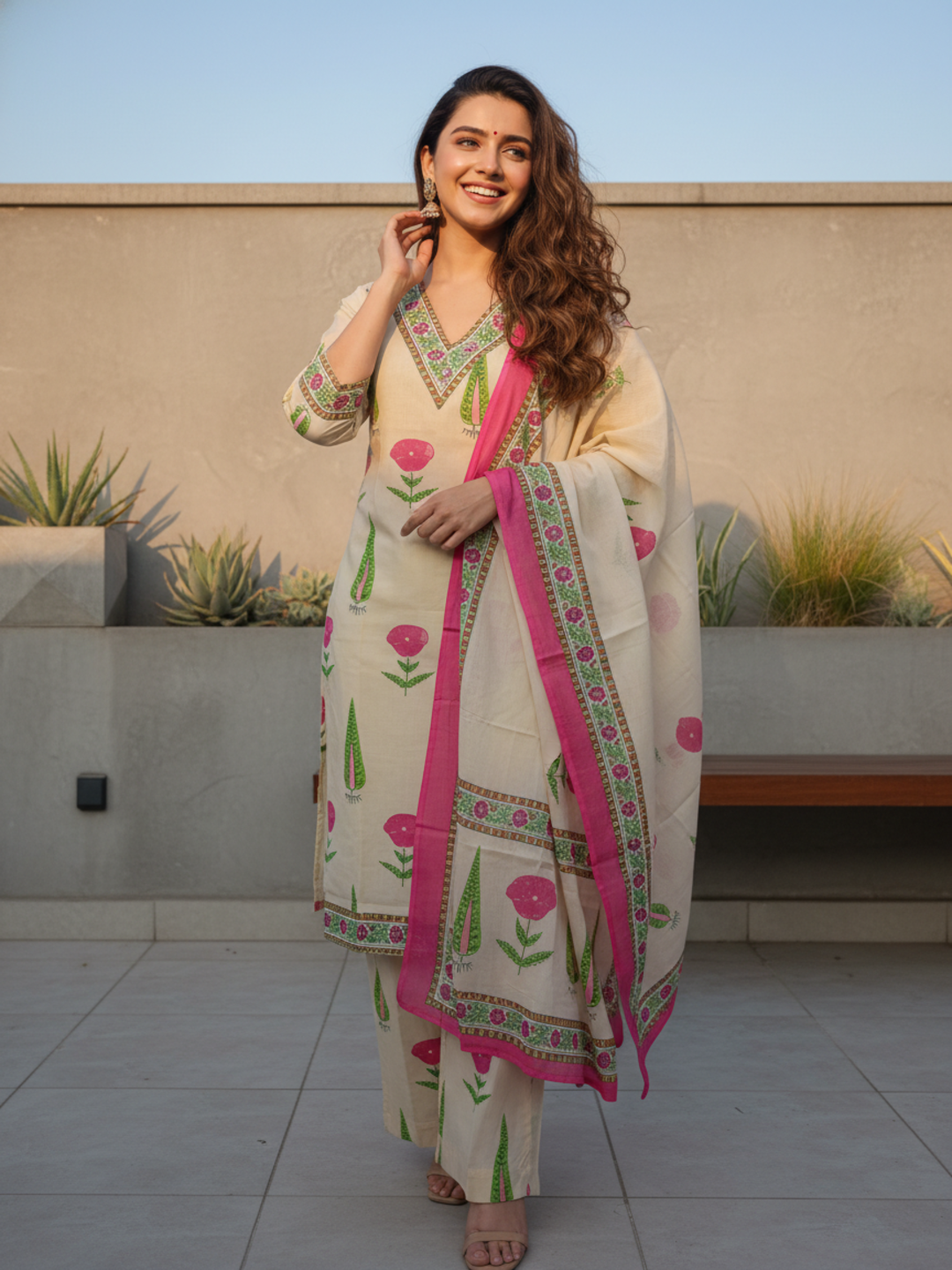 Mughal Ethnic Printed Sequin Embellished A-Line Kurta with Palazzo & Dupatta - Cream