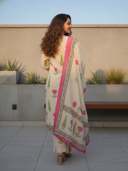 Mughal Ethnic Printed Sequin Embellished A-Line Kurta with Palazzo & Dupatta - Cream