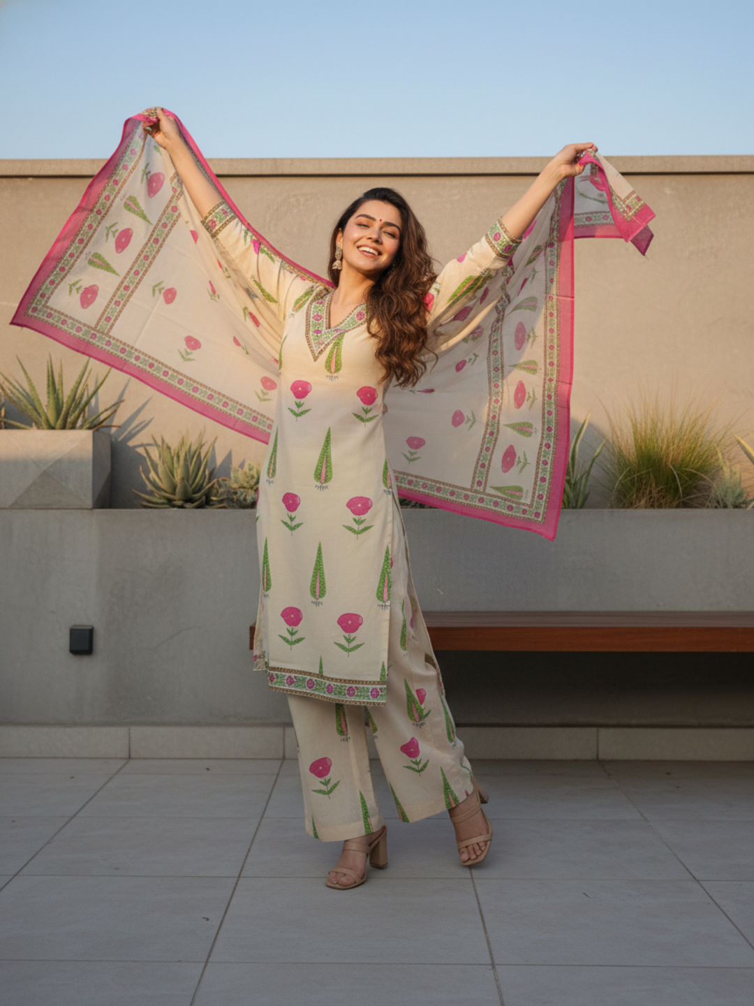 Mughal Ethnic Printed Sequin Embellished A-Line Kurta with Palazzo & Dupatta - Cream