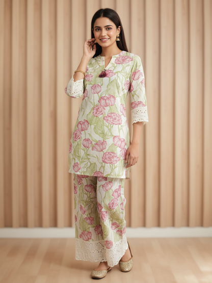 Floral Printed Lace Detailed Straight Kurta with Pant - Pastel Green