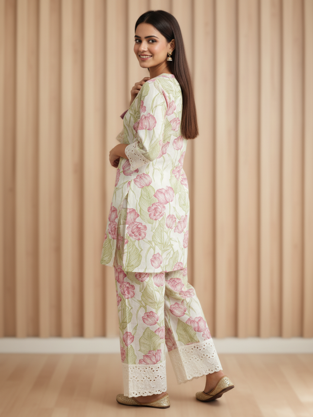 Floral Printed Lace Detailed Straight Kurta with Pant - Pastel Green