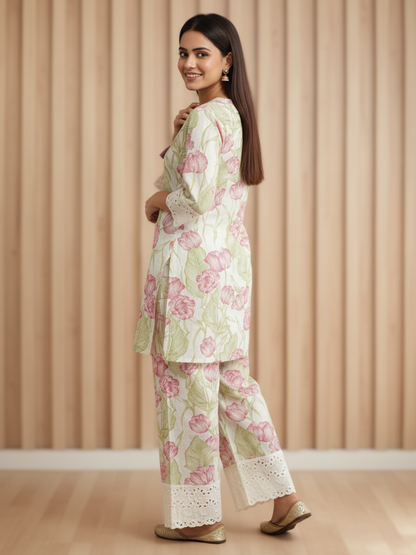 Floral Printed Lace Detailed Straight Kurta with Pant - Pastel Green